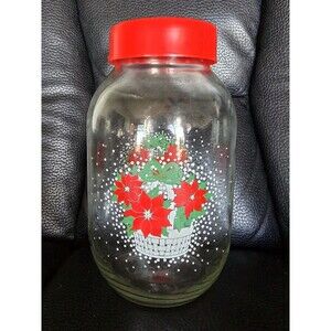 Carlton Glass 3 Liter Canister Cookie Jar Winter Holiday Poinsettia Vtg Large